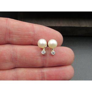 Sterling Silver Small CZ Accent Real Pearl Stud Earrings Vintage Wedding